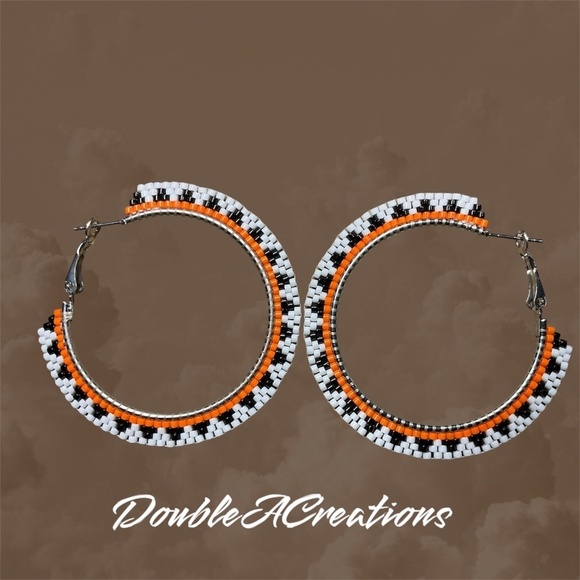 Orange Navajo Basket Style 1 3/4” Beaded Hoops, New, Handmade by Me - Picture 2 of 7